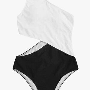 One Shoulder Black and White Colorblock Cutout One-Piece Swimsuit - Size Small